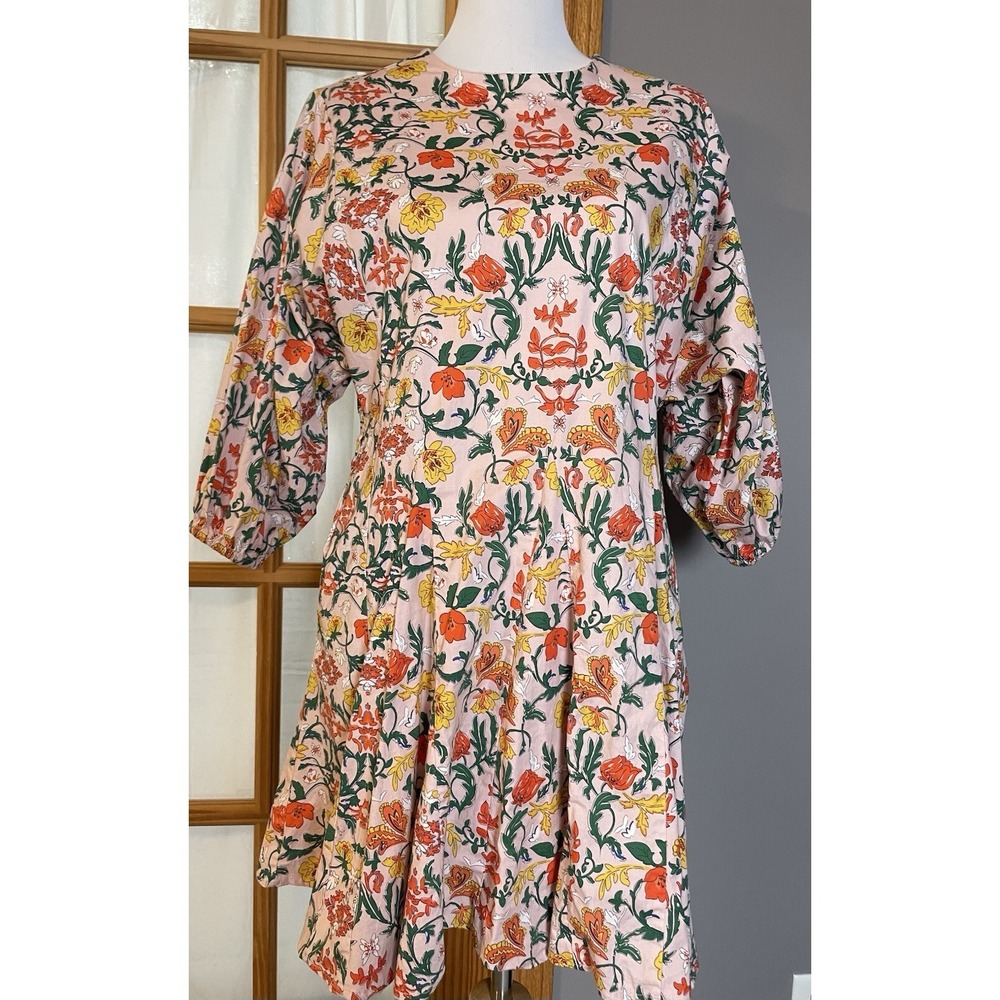 Melloday Women's Floral Mini Dress M Pink Balloon Sleeves Boho Prairie Festive